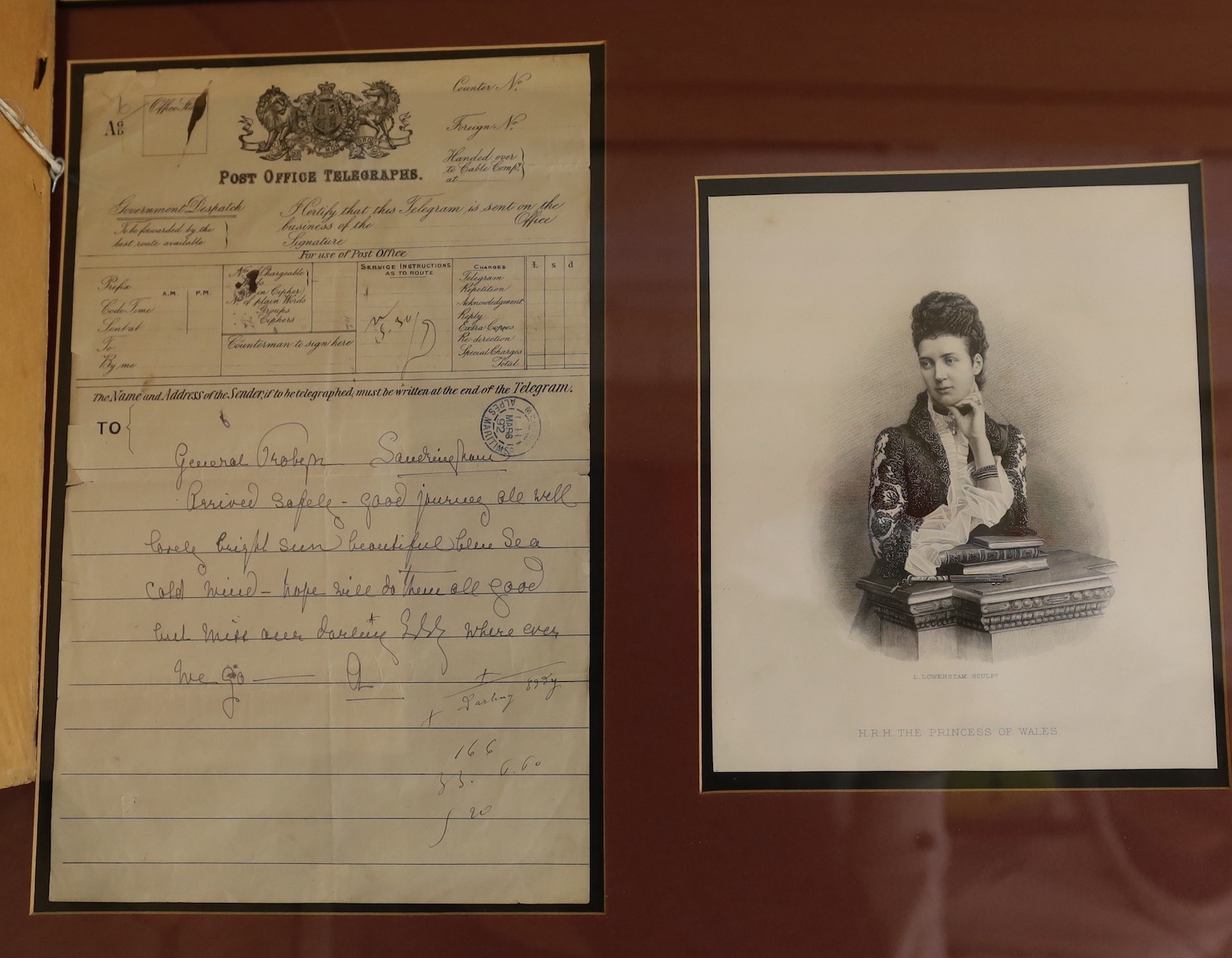 Six framed Royal Interest photographs etc, to include a signature by Queen Victoria